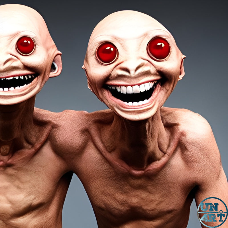 UN4RT imaginarium – two bald humanoid creatures with oversized red eyes and wide toothy grins leaning toward camera, hyperrealistic dark horror 3D art.