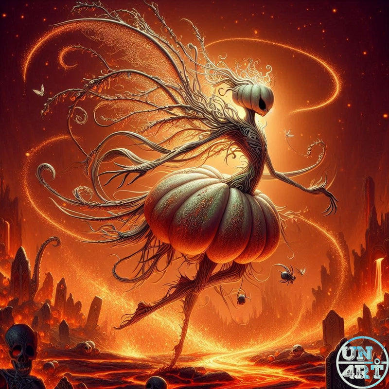 UN4RT imaginarium – dancing skeletal pumpkin creature with flowing vine tendrils and fairy wings leaping over a burning lava landscape, dark Halloween fantasy digital art.