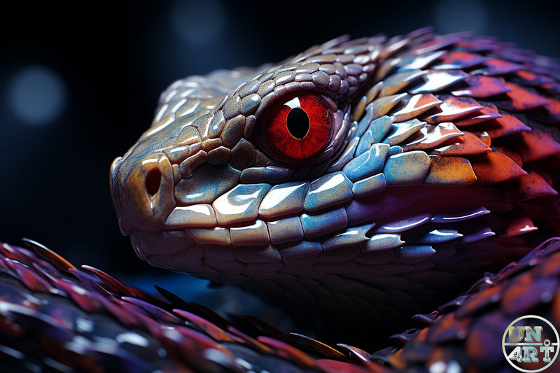 UN4RT imaginarium – extreme close-up of a metallic iridescent snake head with a glowing red eye and multicoloured scales, dark hyperrealistic 3D digital art.