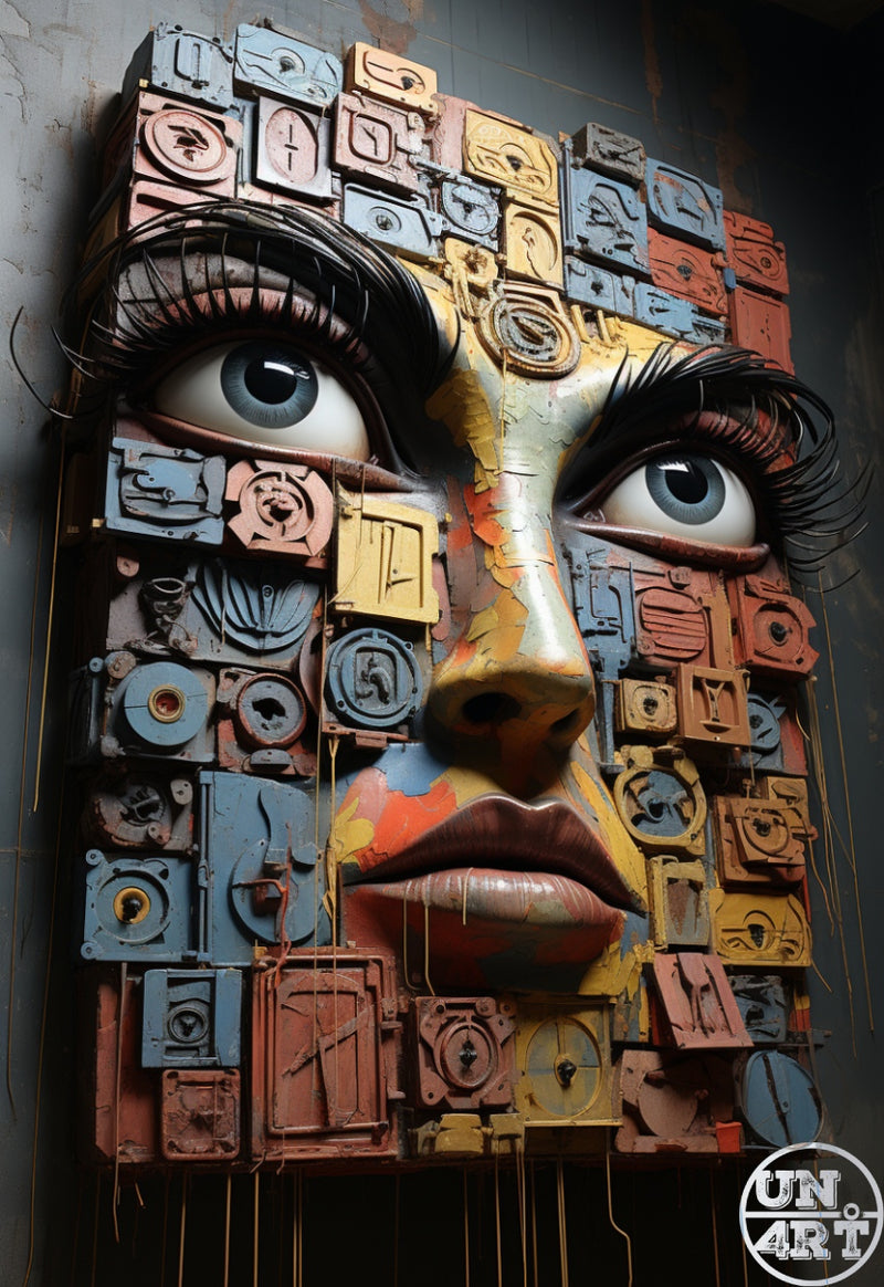 UN4RT imaginarium – giant woman's face with oversized blue eyes assembled from a mosaic of rusted industrial metal panels and dangling wires, dark mixed media sculpture art.