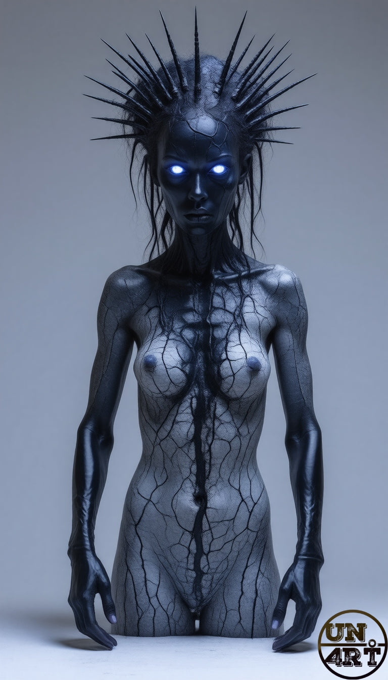 UN4RT imaginarium – dark cracked female figure with glowing blue eyes and crown of black spikes standing - without legs - against a grey studio background, dark gothic 3D digital art.