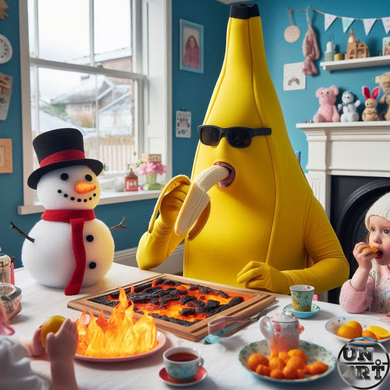 UN4RT imaginarium – surreal humanoid banana character in sunglasses eating a banana at a chaotic breakfast table beside a toy snowman and a toddler, absurdist AI digital art.