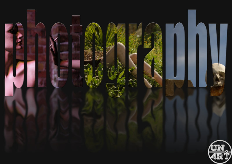 UN4RT imaginarium – the word "photography" in bold 3D chrome letters masking a scene of bones, skull and overgrown grass, reflected on a black surface, dark conceptual typography art.
