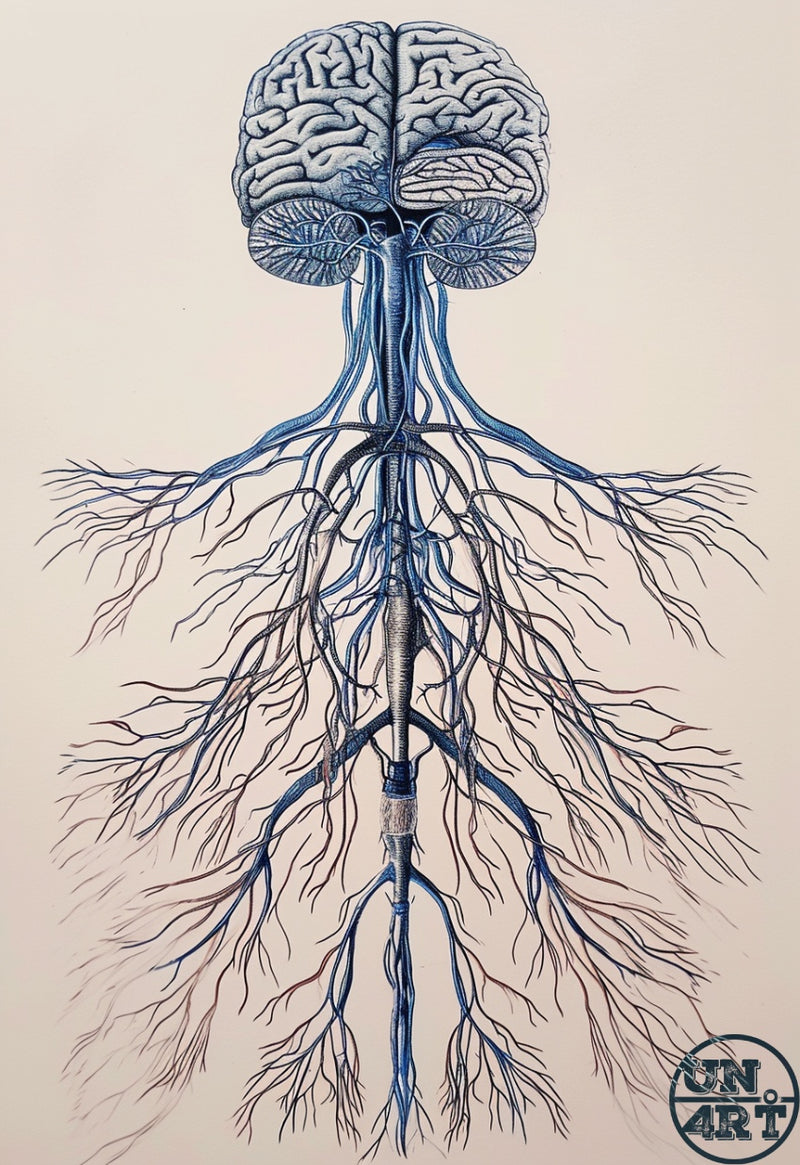 UN4RT imaginarium – detailed anatomical ink illustration of a human brain connected to a full spinal nervous system with branching roots spreading downward, on a beige background.