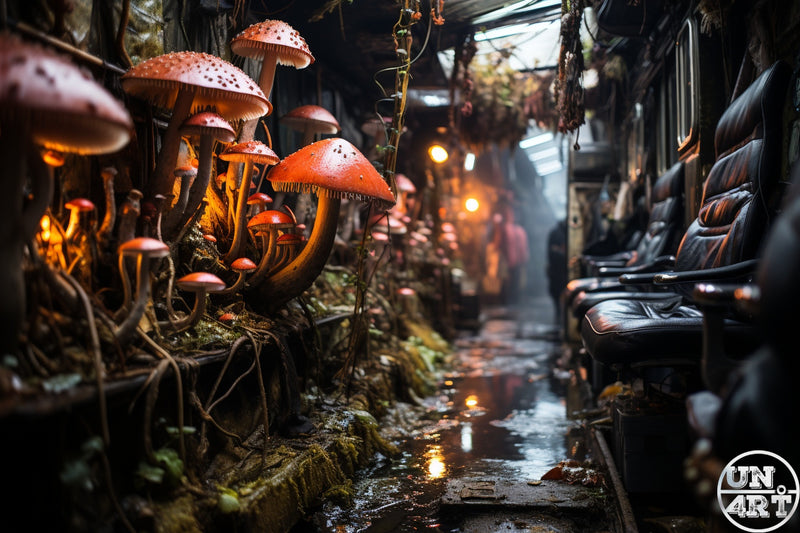UN4RT imaginarium – giant red-spotted mushrooms colonising the interior of an abandoned wet bus with leather seats and glowing amber lights, dark post-apocalyptic surreal photography.