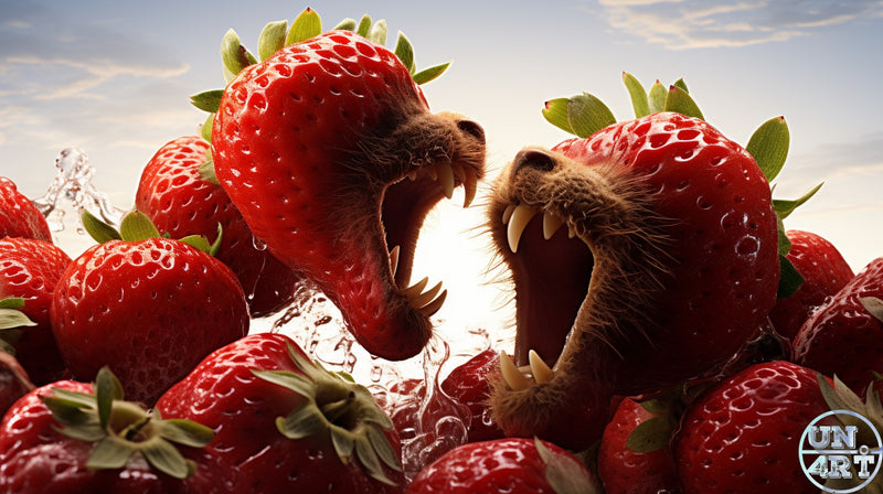 UN4RT imaginarium – two furry saber-toothed creatures with wide open jaws emerging from a pile of oversized glistening strawberries under a bright sky, surreal absurdist digital art.
