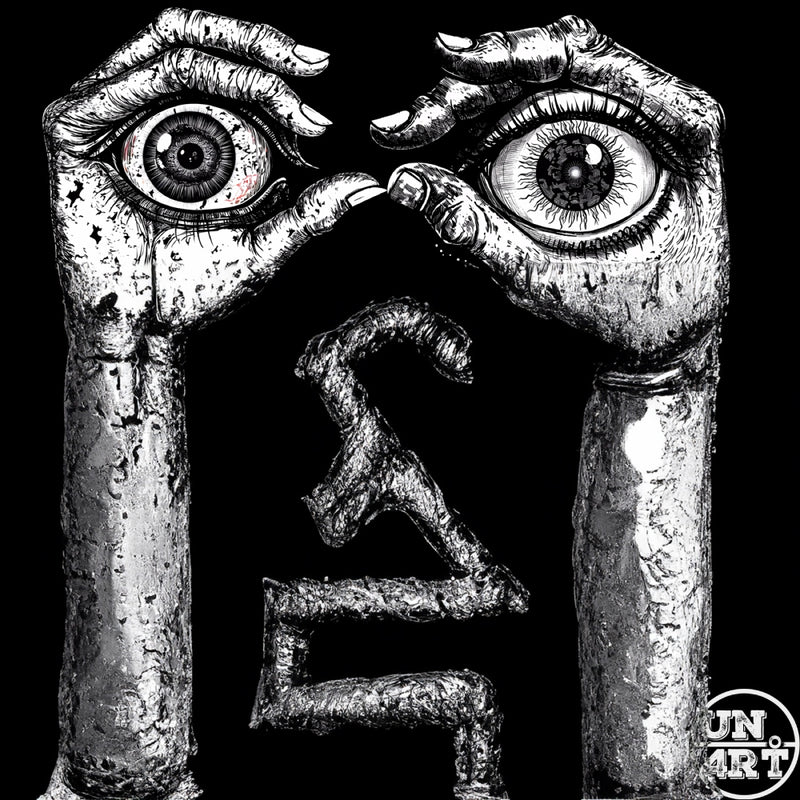UN4RT imaginarium – two textured stone hands holding oversized human eyeballs above a crouching metallic figure, stark black and white dark surrealist ink and 3D art.