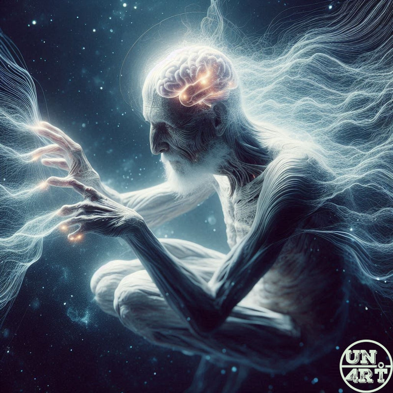 UN4RT imaginarium – gaunt ethereal humanoid figure with exposed glowing brain and flowing white energy tendrils reaching outward in a dark cosmic space, dark transcendence digital art.
