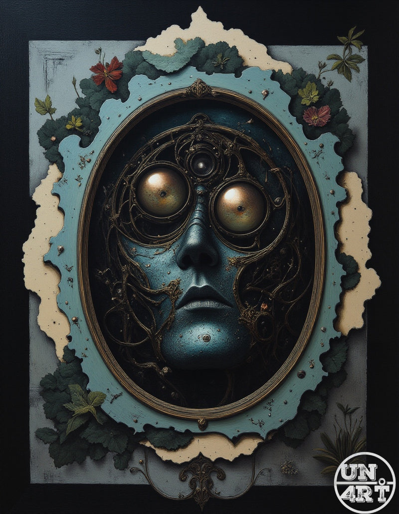 UN4RT imaginarium – dark teal face with large golden orb eyes and bronze wire tendrils framed inside a peeling ornate oval mirror with pressed flowers, dark gothic mixed media art.