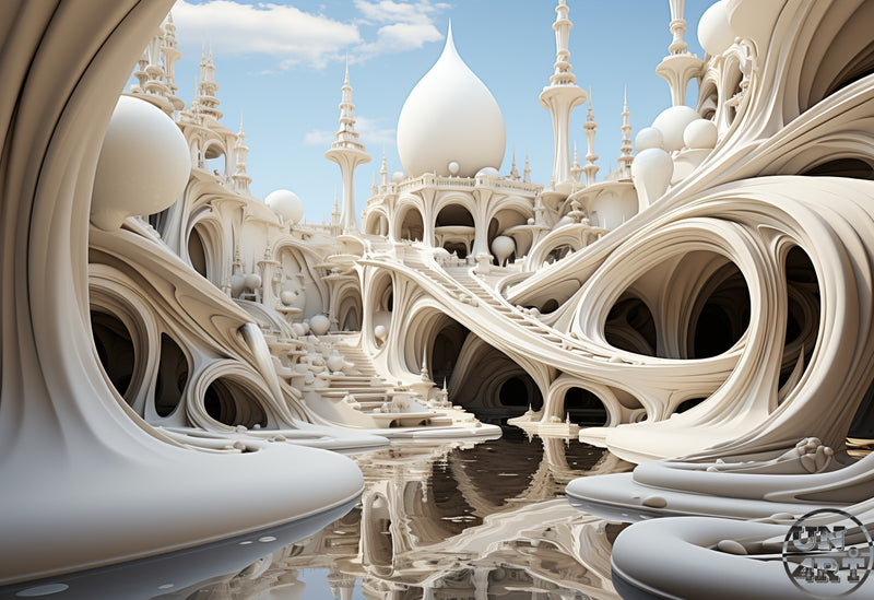 UN4RT imaginarium – grand white surreal palace with flowing organic curved archways and spires reflected in still water under a blue sky, dreamlike 3D architectural fantasy art.