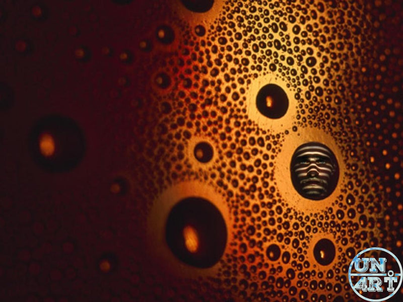 UN4RT imaginarium – extreme close-up of a warm amber textured surface covered in concentric circular pores with a tiny metallic striped face visible in one cavity, dark abstract macro art.