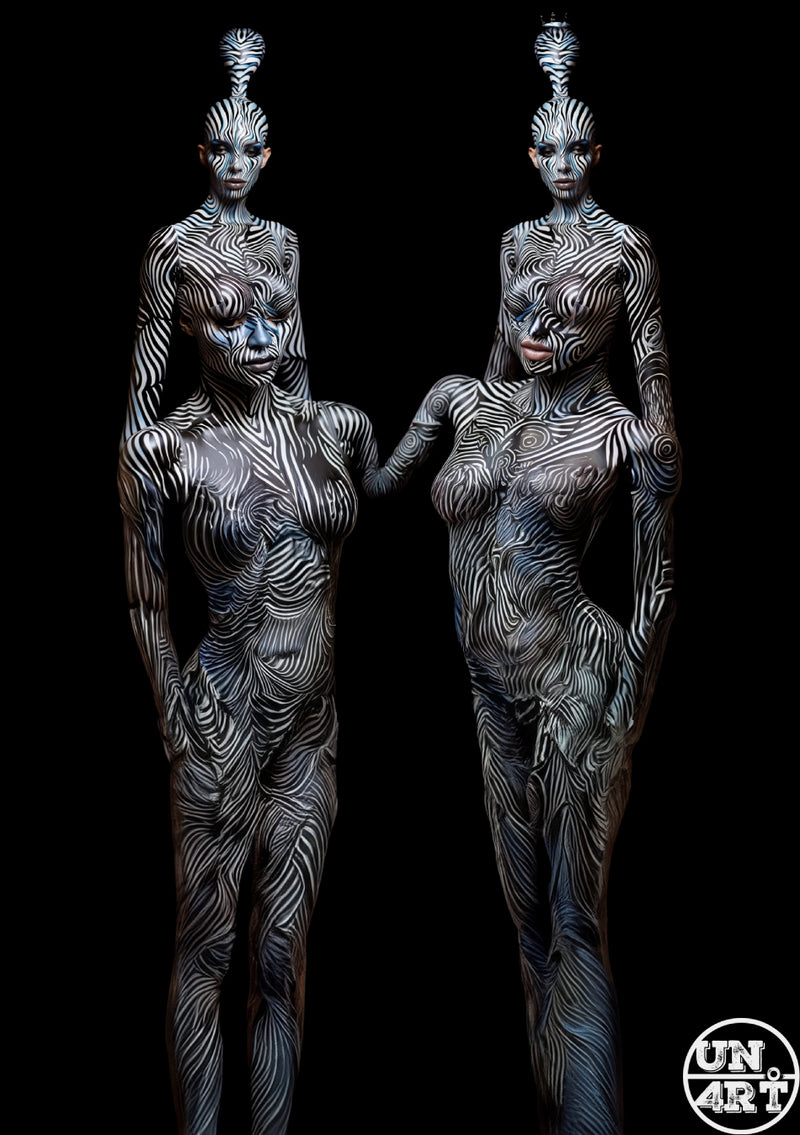 UN4RT imaginarium – two female figures fully covered in bold black and white swirling topographic body paint with sculpted hair against a black background, dark avant-garde body art photography.
