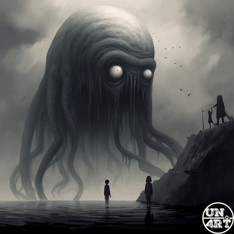 UN4RT imaginarium – colossal tentacled Lovecraftian creature with blank white eyes looming over tiny silhouetted figures on a misty coastal cliff, dark monochromatic horror digital art.