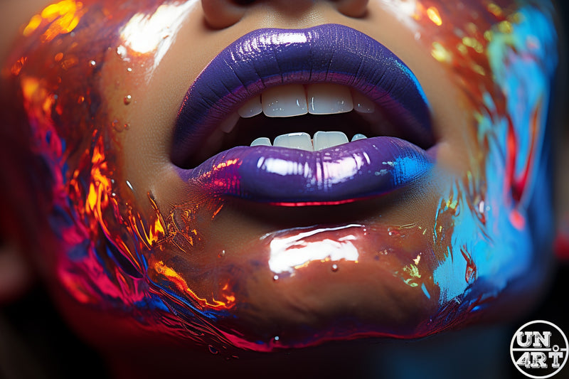 UN4RT imaginarium – extreme close-up of glossy violet lips slightly parted surrounded by vivid iridescent orange and blue paint splashes, dark bold beauty editorial art.