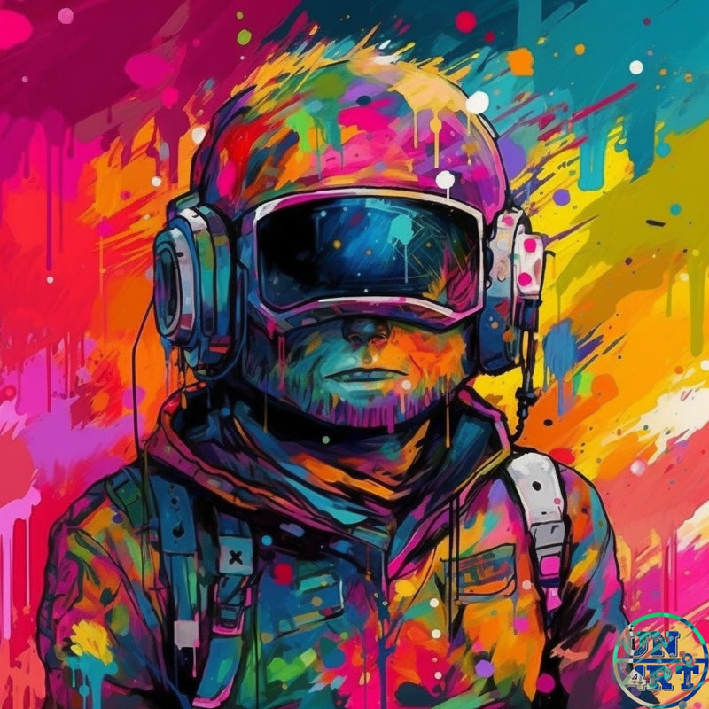 UN4RT imaginarium – astronaut in a space helmet and suit dissolving into explosive neon paint splashes of pink, yellow and teal, bold pop-art graffiti digital portrait.