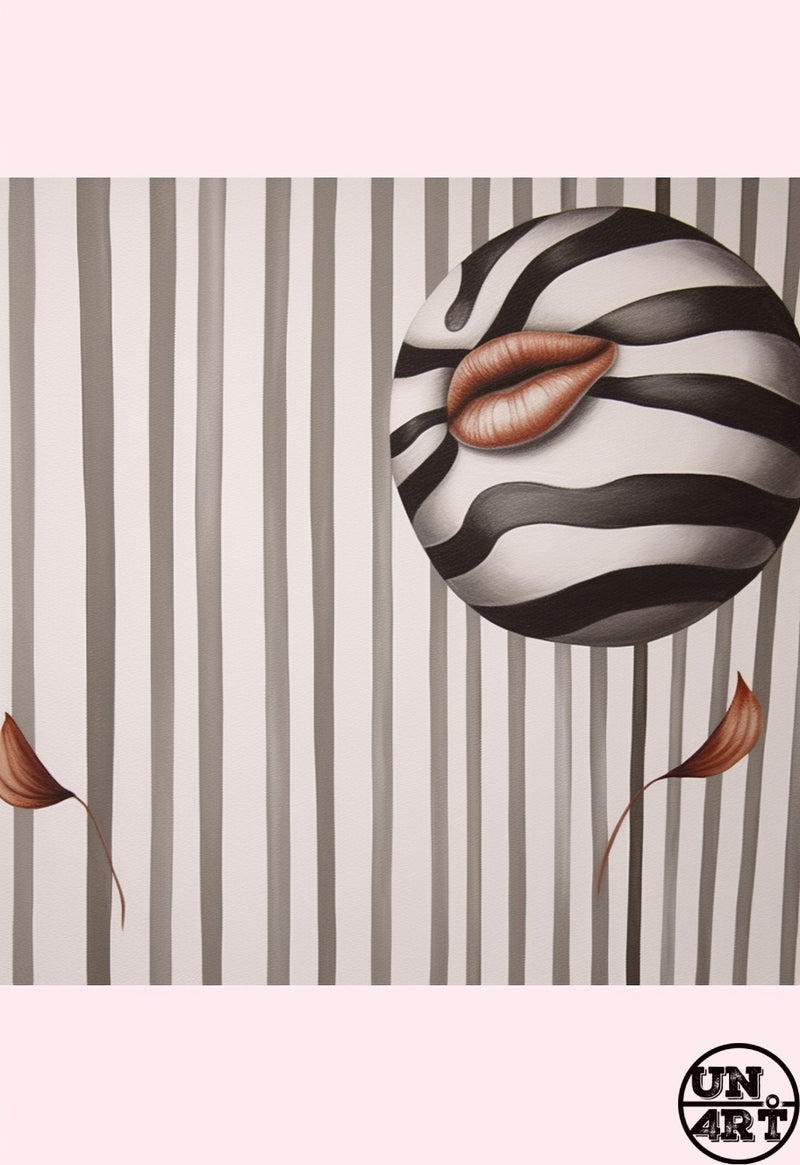 UN4RT imaginarium – zebra-striped sphere with realistic pink lips floating against a vertical grey and white striped background with small ear fragments at the edges, dark surrealist op-art painting.
