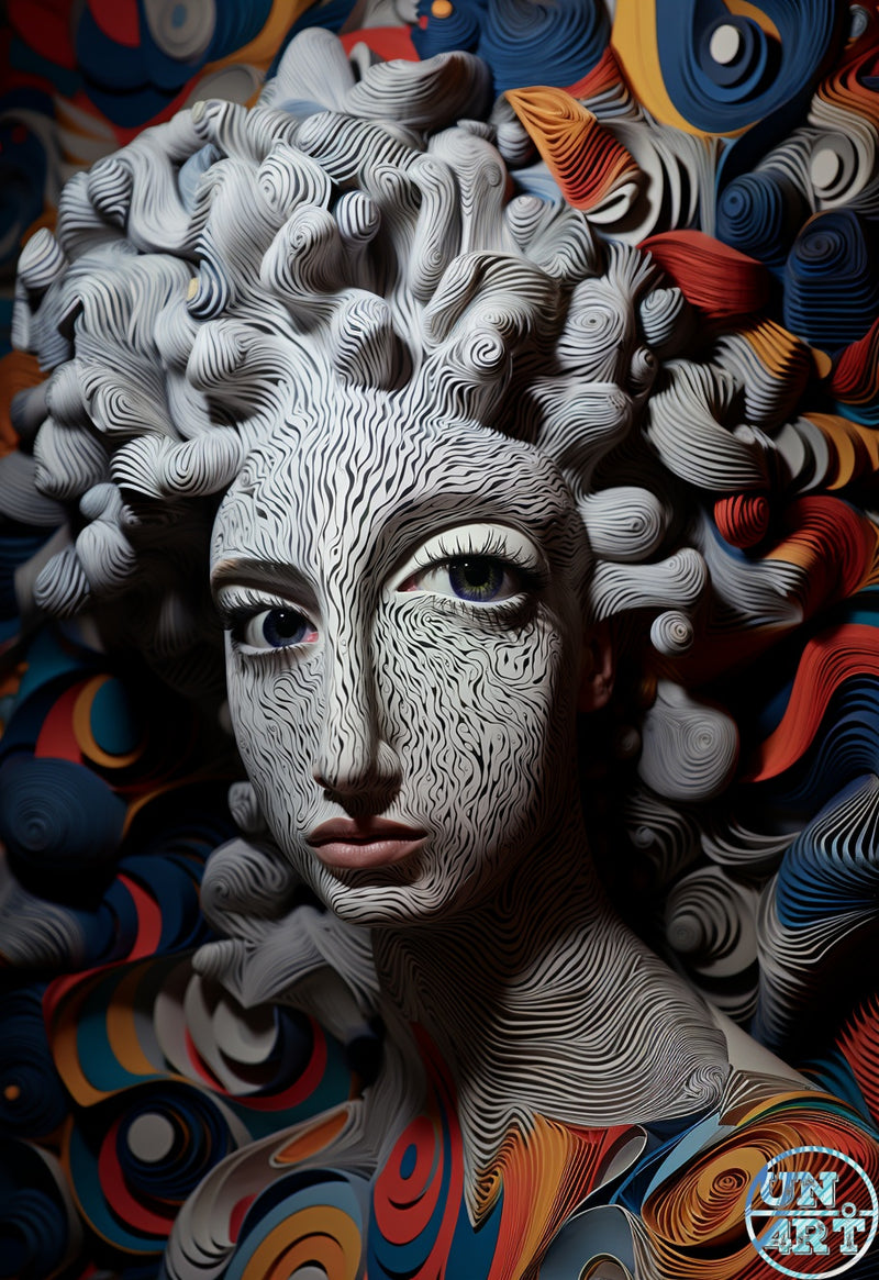 UN4RT imaginarium – female face covered in flowing white topographic line patterns with voluminous sculpted curly hair surrounded by vivid red, blue, orange and gold swirling shapes, dark psychedelic 3D portrait art.