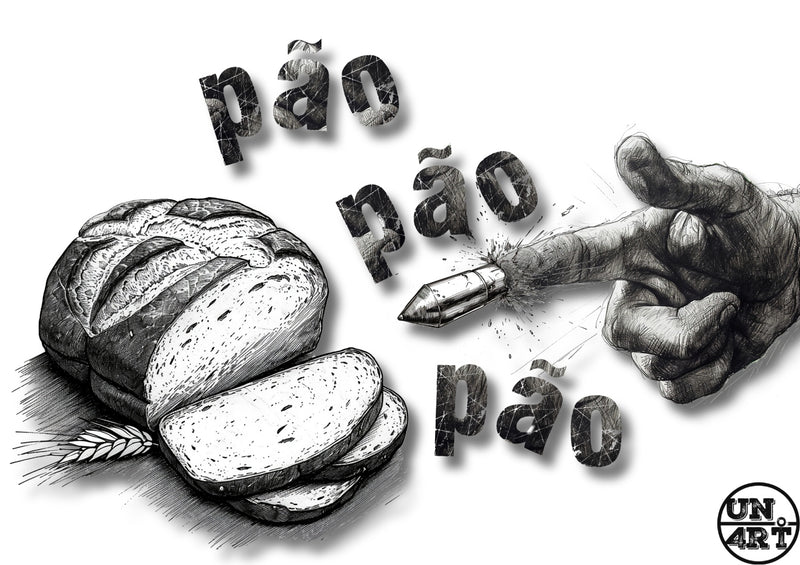 UN4RT imaginarium – black and white illustration of a sliced loaf of bread beside a hand flicking a bullet, with bold repeated text "pão pão pão", dark Portuguese social commentary graphic art.