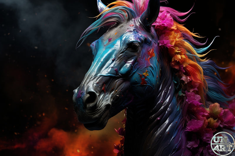 UN4RT imaginarium – dark metallic horse head with teal and blue painted skin and a flowing multicoloured mane of pink, orange and yellow flowers against a black smoky background, dark vibrant fantasy equine art.