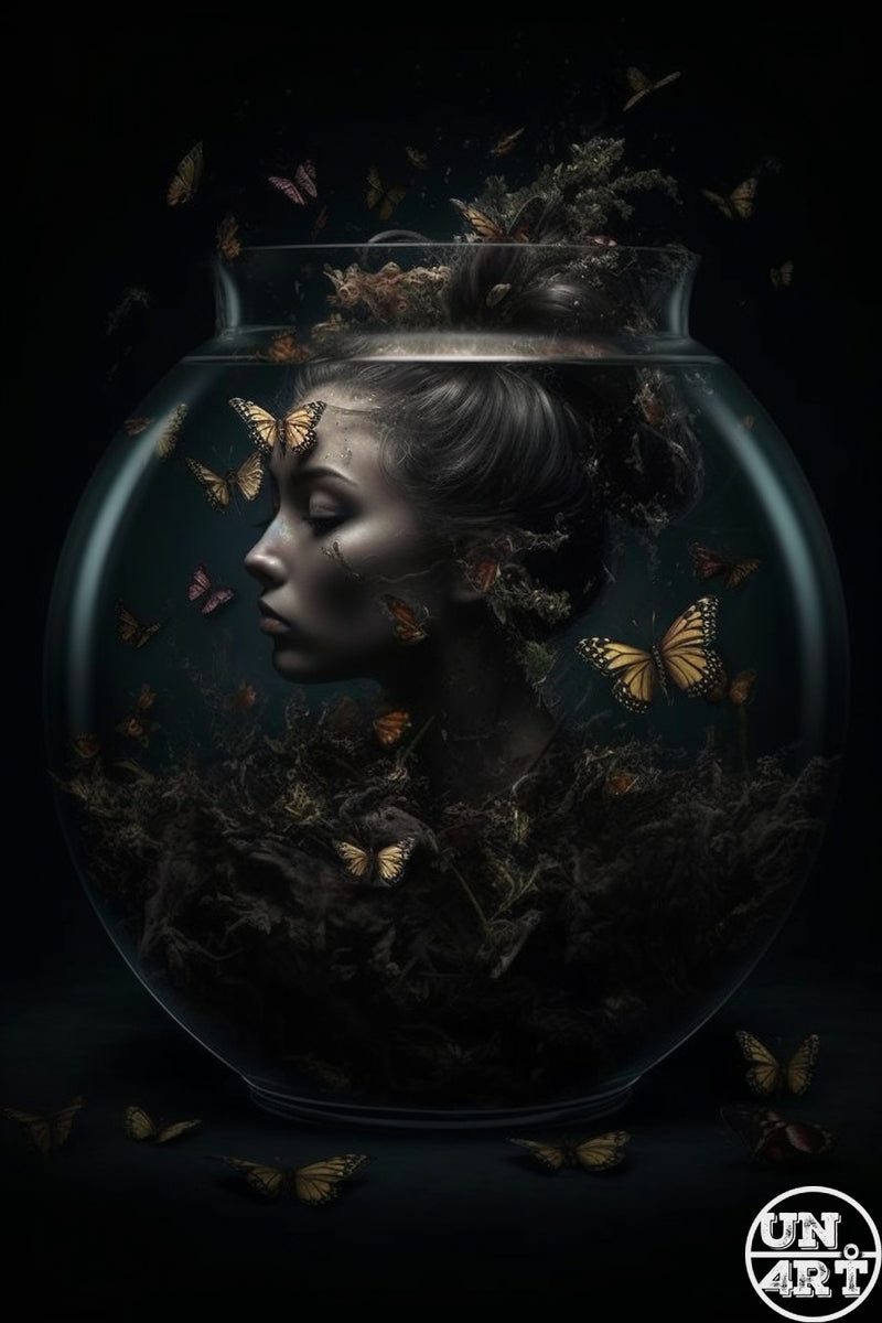 UN4RT imaginarium – serene female face with closed eyes submerged inside a glass fishbowl surrounded by monarch butterflies and dark organic matter on a black background, dark gothic surrealist fine art photography.