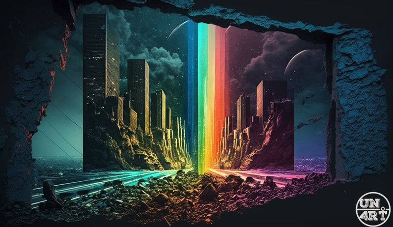 UN4RT imaginarium – a vivid vertical rainbow beam piercing through a crumbling concrete wall into a dark dystopian cityscape under a starry night sky with a distant planet, dark sci-fi surreal digital art.