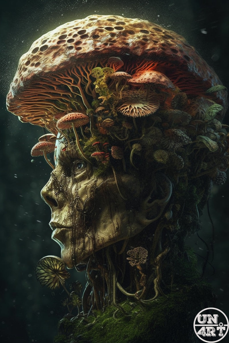 UN4RT imaginarium – decayed human head in profile overgrown with dense layered mushrooms, moss and mycelium tendrils against a dark atmospheric background, dark biomass horror surrealist digital art.