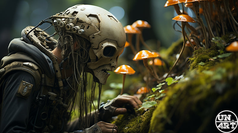 UN4RT imaginarium – armoured post-apocalyptic figure with a weathered skull helmet crouching to inspect vibrant orange mushrooms growing on a mossy forest log, dark cinematic sci-fi photography.