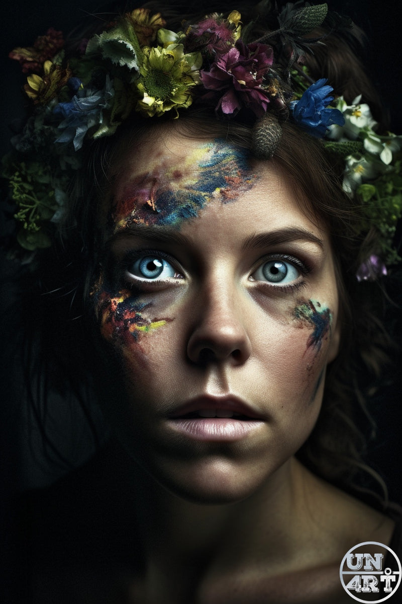 UN4RT imaginarium – close-up portrait of a blue-eyed woman with wild floral crown and abstract multicolour paint smears across her face gazing upward, dark botanical fine art portrait photography.