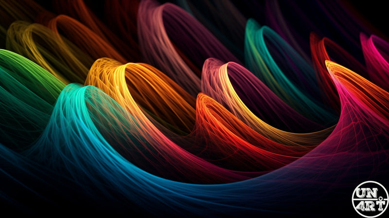 UN4RT imaginarium – sweeping waves of luminous rainbow-coloured silk threads curling in flowing arcs against a deep black background, dark vibrant abstract digital art.
