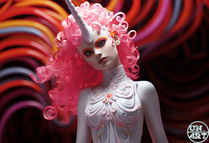 UN4RT imaginarium – white unicorn-horned female figure with wild pink curly hair and ornate sculpted chest armour against a swirling multicolour red and orange vortex background, dark fantasy 3D digital art.