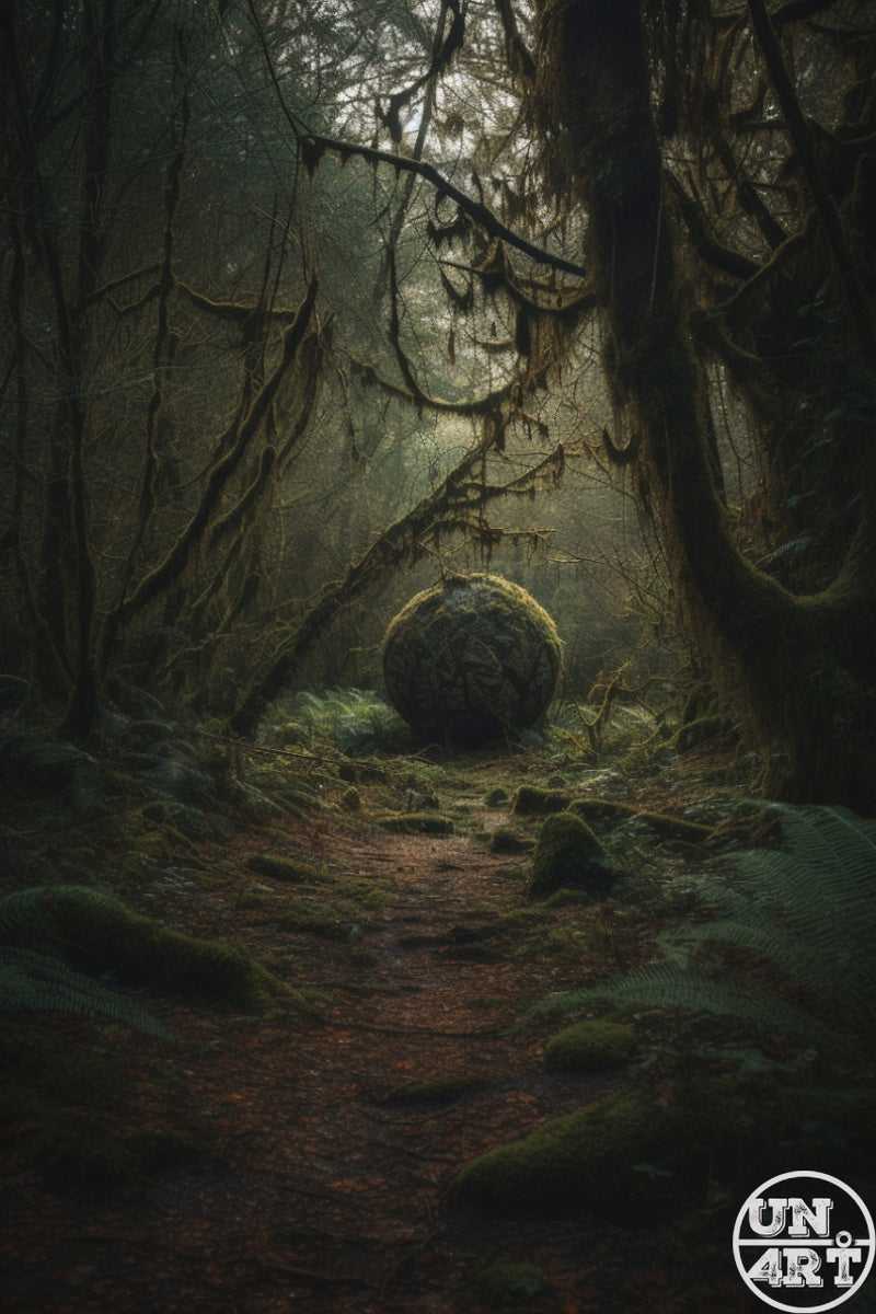 UN4RT imaginarium – large moss-covered sphere resting at the end of a dim winding forest path beneath ancient gnarled moss-draped trees, dark atmospheric fantasy landscape digital painting.