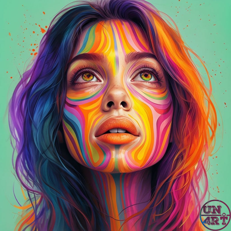 UN4RT imaginarium – female face covered in flowing rainbow wave body paint in orange, yellow, pink and teal with dual-tone purple and orange hair gazing upward, vibrant psychedelic portrait illustration on mint background.