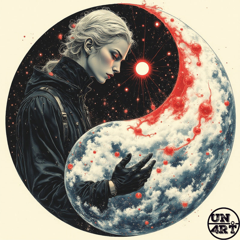 UN4RT imaginarium – pale white-haired woman in a black coat cradling a cosmic yin-yang sphere of dark starfield and white clouds with red plasma bursts, dark mystical fantasy illustration on cream background.