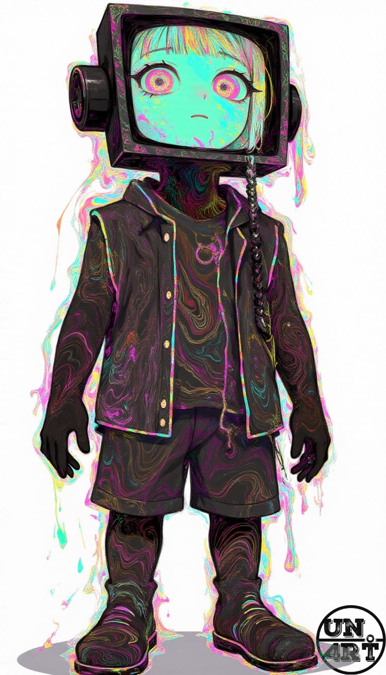 UN4RT imaginarium – full-body anime-style character with a vintage CRT television as a head displaying a glowing teal face with pink eyes, wearing a dark iridescent jacket and boots with neon drip effects, dark lo-fi surrealist character art on white background.