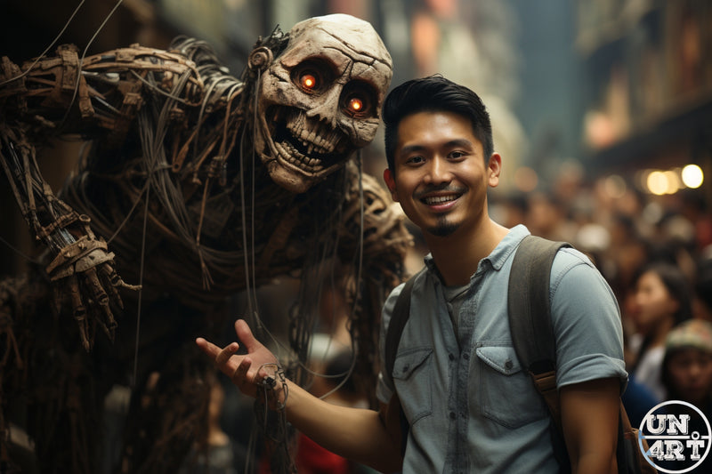 UN4RT imaginarium – smiling young man posing cheerfully beside a towering skeletal undead creature with glowing orange eyes in a crowded dramatic interior, dark horror surrealist cinematic photography.