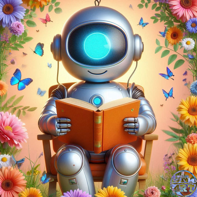UN4RT imaginarium – friendly silver robot with a glowing cyan visor sitting in a chair reading an orange book surrounded by colourful spring flowers and blue butterflies, warm optimistic AI whimsy 3D digital art.