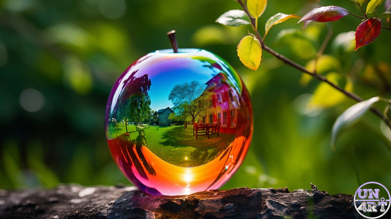 UN4RT imaginarium – iridescent rainbow glass apple with a reflected garden scene resting on dark bark beside a leafy branch in soft sunlight, vibrant surreal macro nature photography.