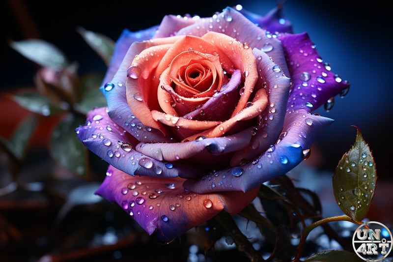UN4RT imaginarium – close-up of a purple and coral rose densely covered in glistening water droplets against a dark blue background, dark vibrant botanical macro photography.