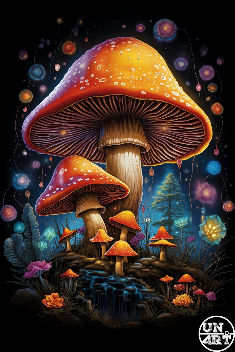 UN4RT imaginarium – towering red and orange Amanita muscaria mushrooms glowing among smaller fungi, bioluminescent flowers and floating cosmic orbs against a deep black night sky, dark psychedelic fantasy botanical illustration.