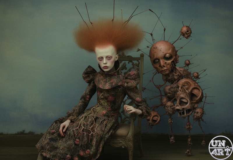 UN4RT imaginarium – pale albino girl with wild orange afro hair in a dark floral dress seated beside a grotesque skull-cluster creature with thorn antennae against a stormy teal sky, dark neo-baroque surrealist digital painting.