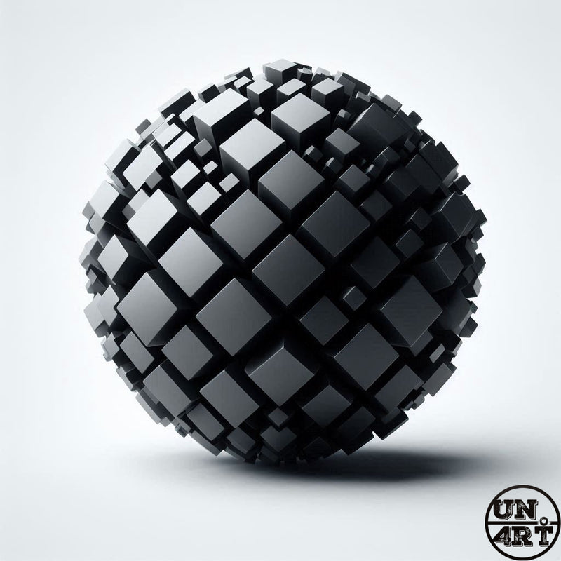 UN4RT imaginarium – perfect sphere assembled from hundreds of black glossy cubic blocks casting a soft shadow on a white surface, dark minimalist 3D geometric abstract art.