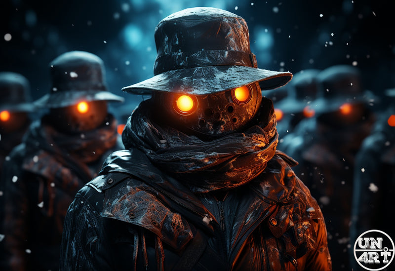 UN4RT imaginarium – close-up of a decayed scarecrow-like soldier with glowing orange eyes and a bucket hat standing before a regiment of identical figures in snowfall, dark cinematic post-apocalyptic military 3D digital art.