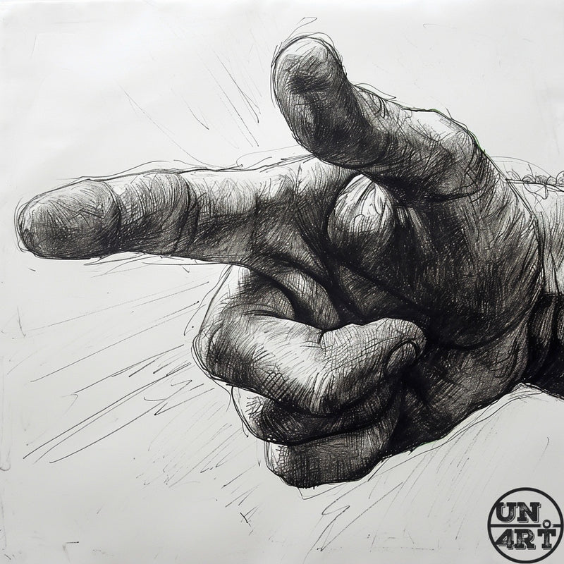 UN4RT imaginarium – detailed black and white crosshatch ink drawing of a large hand with index finger pointing directly outward toward the viewer, dark expressive figurative illustration on white background.