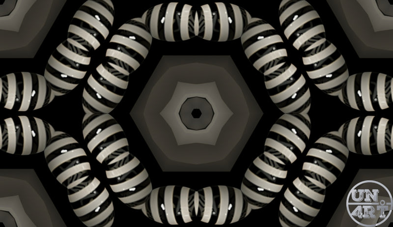 UN4RT imaginarium – symmetrical kaleidoscopic pattern of black and white striped inflated torus rings arranged in a hexagonal formation receding into a dark central vanishing point, dark monochromatic 3D op-art digital animation still.