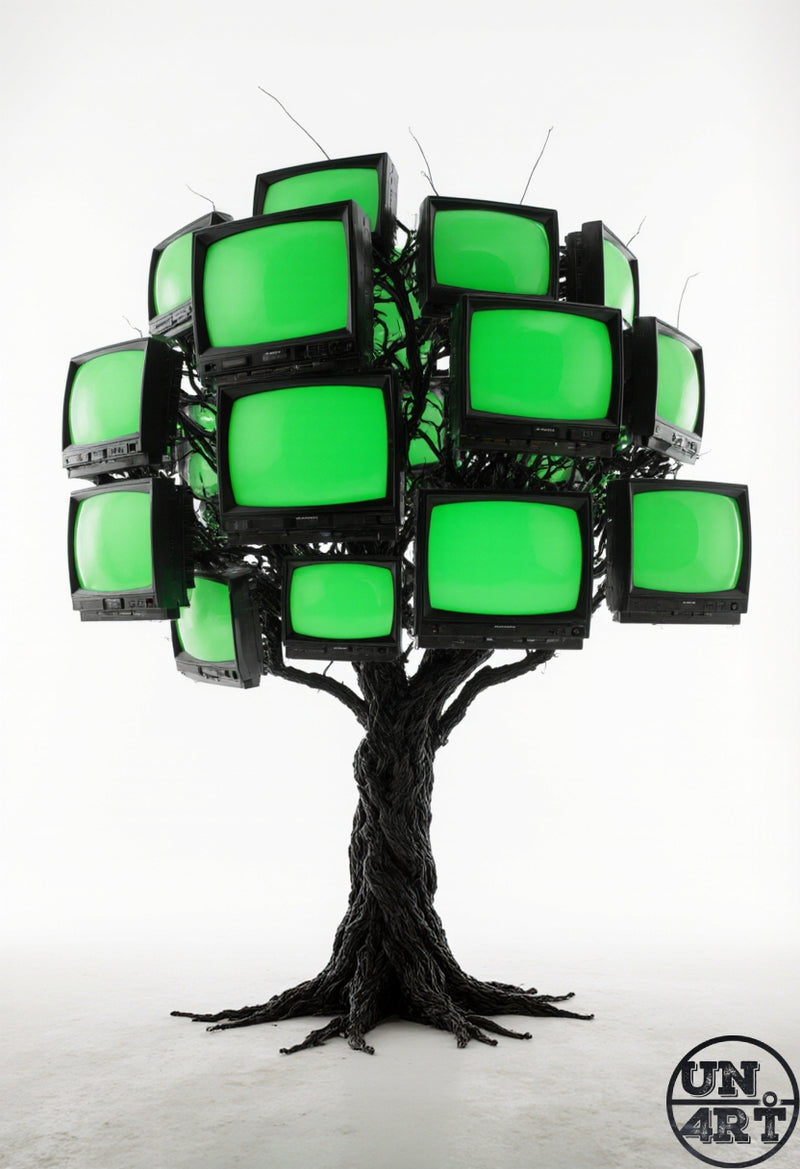 UN4RT imaginarium – sculptural tree with black twisted trunk and roots bearing clusters of vintage CRT television sets with glowing green screens as its foliage, dark media critique conceptual installation art on white background.