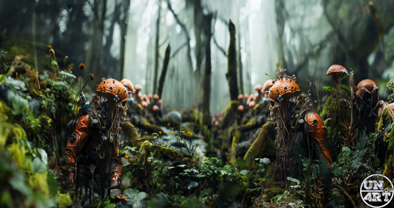 UN4RT imaginarium – army of skeletal humanoid figures wearing orange mushroom-cap helmets and corroded armour marching through a misty overgrown dark forest, dark post-apocalyptic biomass fantasy cinematic 3D art.