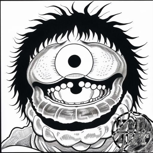 UN4RT imaginarium – black and white ink illustration of a grinning cyclops creature with a single large circular eye, wide toothy mouth and wild spiky hair staring directly at the viewer, dark manga-style horror comic art on white background.