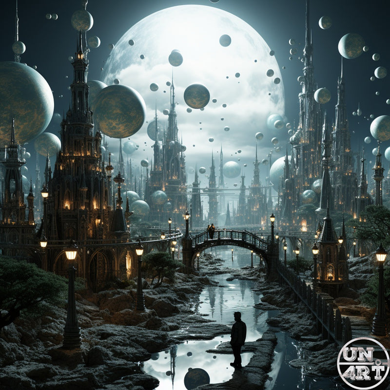 UN4RT imaginarium – lone silhouetted figure standing before a vast gothic fantasy city of dark spires and glowing lanterns under a colossal full moon surrounded by floating silver spheres of all sizes, dark cinematic sci-fi fantasy 3D digital art.
