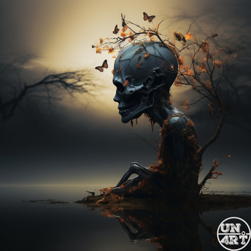 UN4RT imaginarium – dark blue skeletal humanoid figure seated in profile with autumn branches and orange flowers growing from its skull and monarch butterflies hovering around it, reflected in still dark water under a glowing amber sky, dark poetic surrealist digital art.