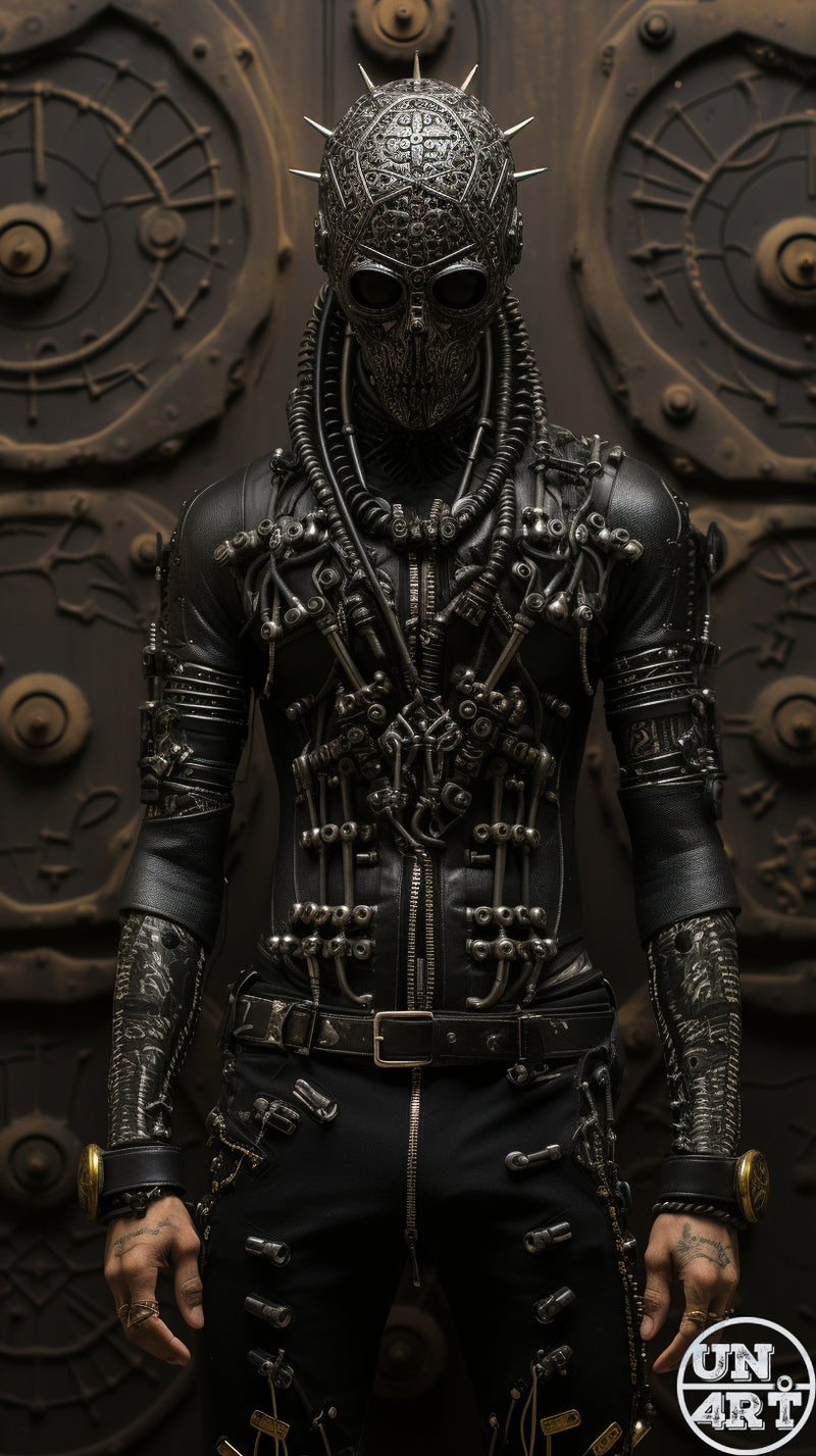 UN4RT imaginarium – imposing full-body figure in an elaborate all-black spiked skull mask and intricately studded leather jacket covered in chains, screws and metal hardware standing before engraved dark metal doors, dark neo-gothic industrial fashion portrait photography.